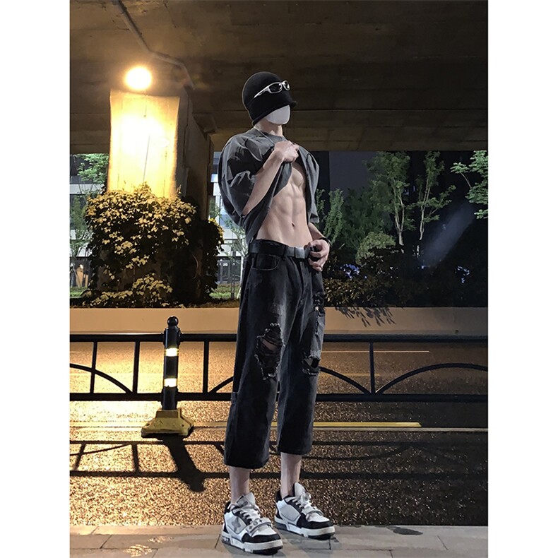 B221美式ins高街设计感拉链直筒七分牛仔裤LK23071-P55控78,男装牛仔裤,电商B221