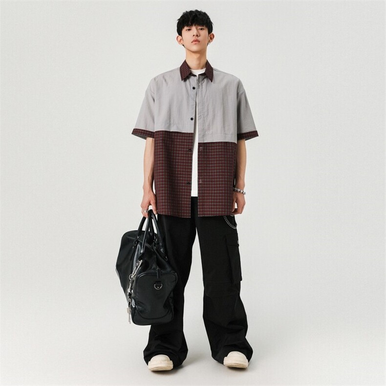 美式复古拼接撞色格子衬衫夏季宽松设计感上衣A406C6059特P40,男装衬衫,星座309（原A406）