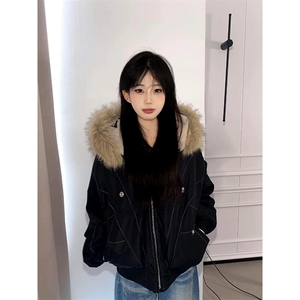 现货重磅boxy短款棉衣座山雕大毛毛领男女棉服水洗工装厚外套图片
