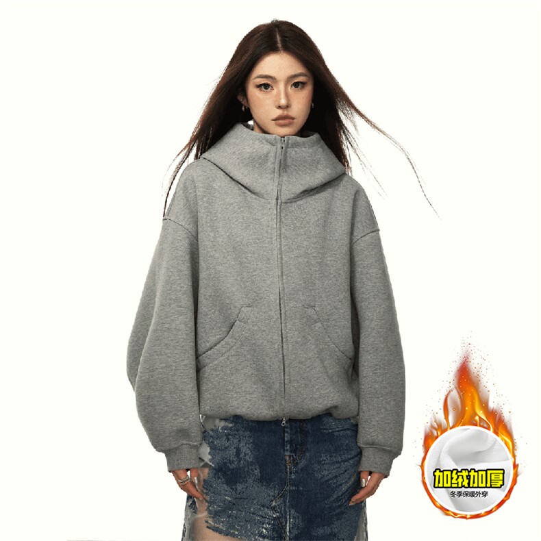 480G重磅加绒硬挺boxy男女秋冬美式高街防风高领卫衣开衫厚外套，女装短外套，电商A486