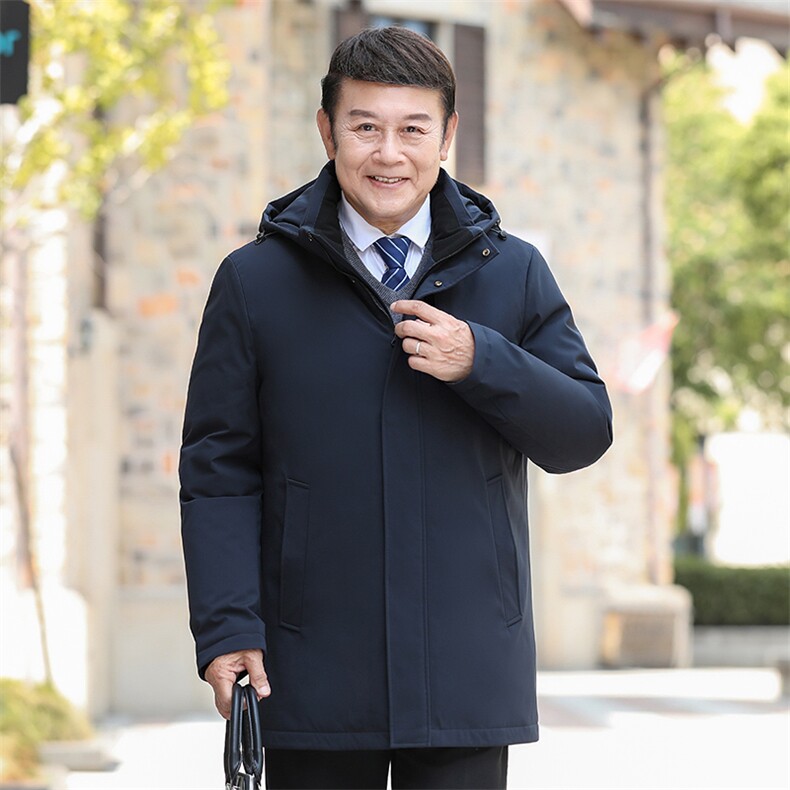 继续可拆卸帽内胆中老年羽绒服外套男中长款白鸭绒羽绒服大衣图片