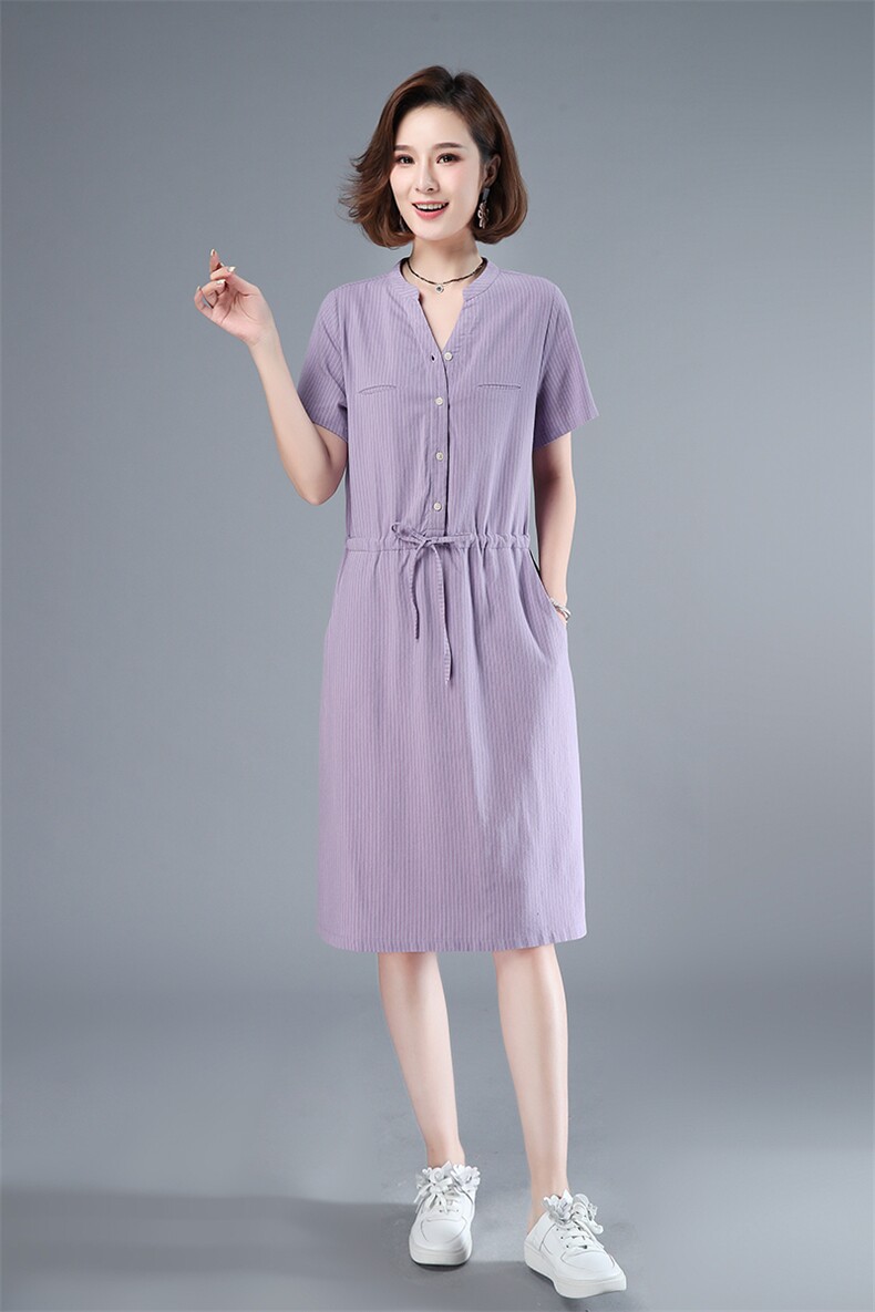 2021年夏季韩版通勤中长款a字裙半开领系带40-49周岁高腰裙子,女装连衣裙,伊满意