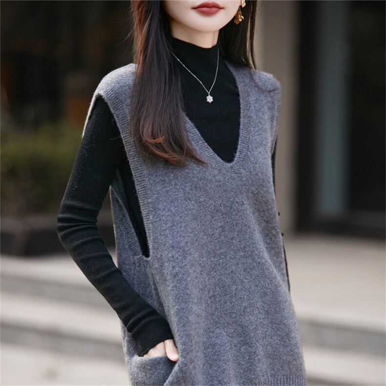 法式高端慵懒风100纯羊毛针织马甲女叠穿背心宽松毛衣坎肩25新款,女装羊毛衫,迅太羊绒