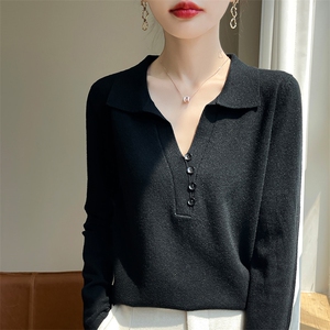 秋季新款女装纯色长袖针织衫翻领毛衣女宽松显瘦百搭打底衫上衣图片