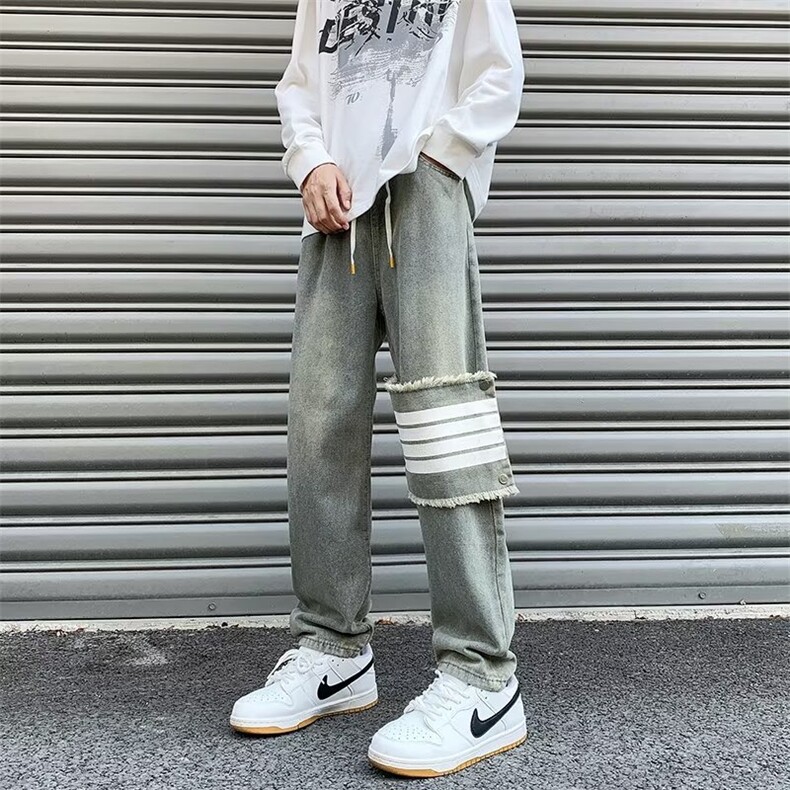 高街新款四条道杠贴布牛仔裤男女痞帅设计休闲直筒裤1381-P40,男装牛仔裤,星座910-5