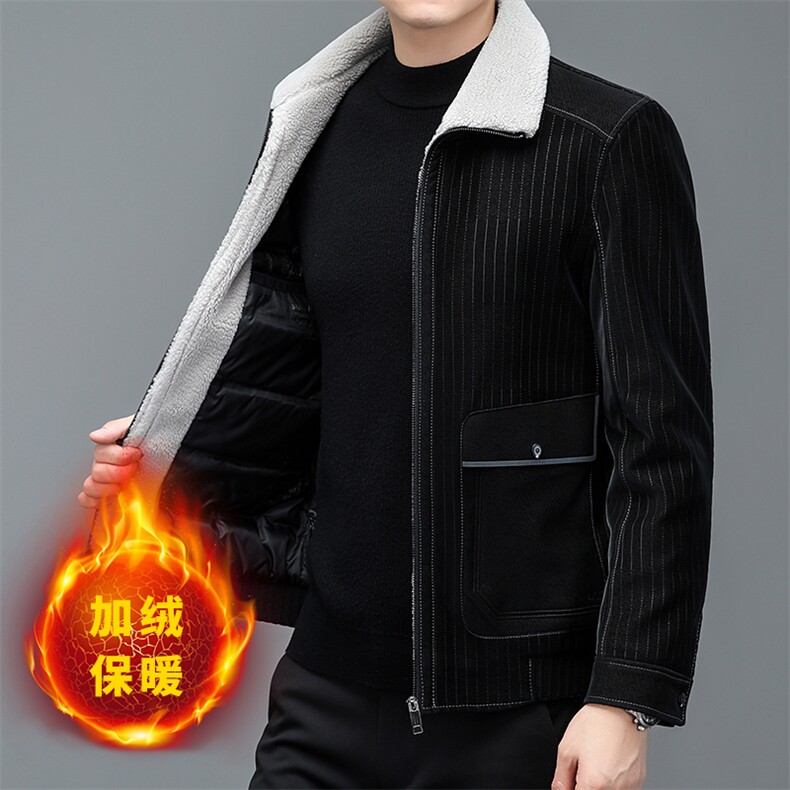 新款翻领皮羽绒服男冬季加厚保暖外套中年商务休闲羊羔毛呢爸爸装图片
