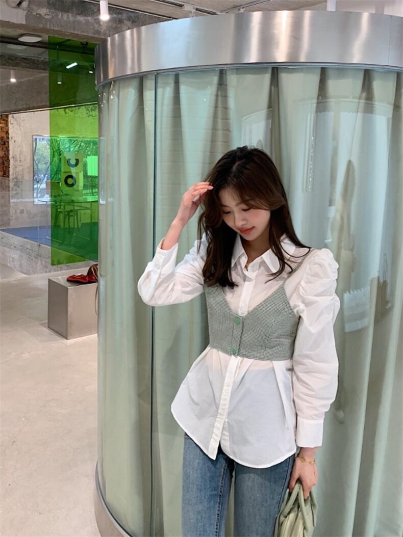 【现货】春款新泡泡袖背心两件套衬衫，女装背心吊带，NIY