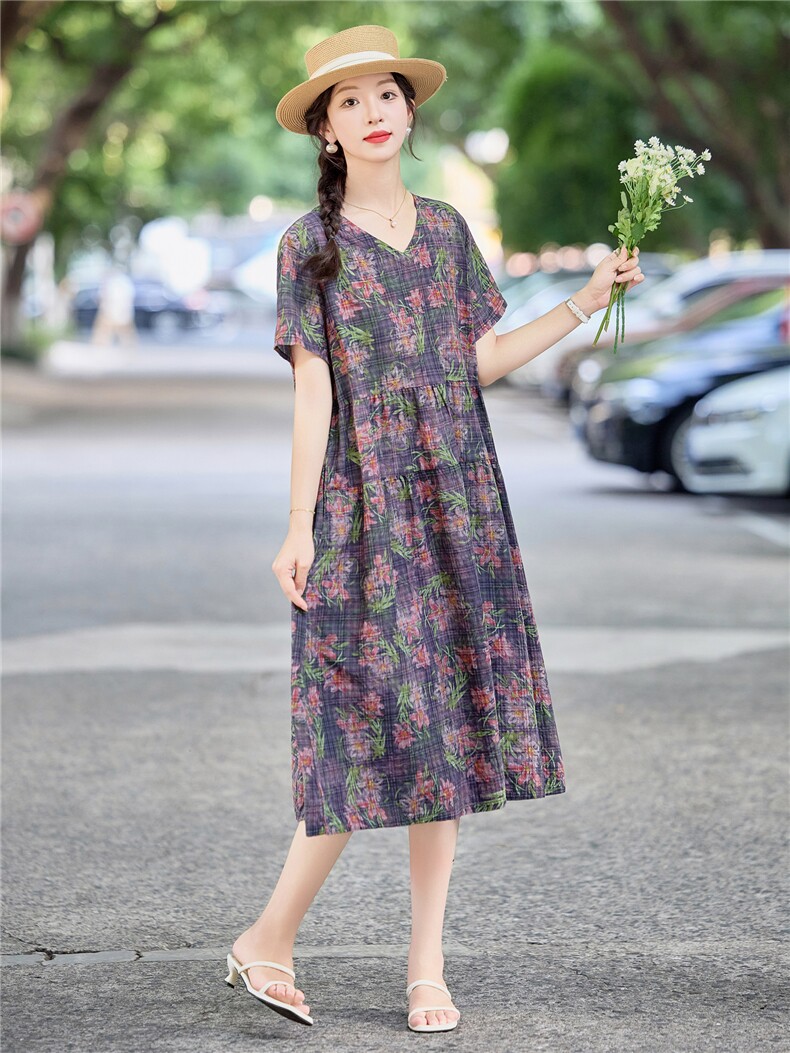 休闲宽松紫色碎花棉麻连衣裙女2026夏季洋气妈妈遮肚显瘦直筒裙子,女装连衣裙,倪叶myz