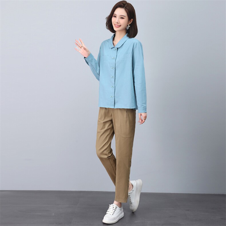 春秋时尚棉麻套装女士2023年新款大码休闲洋气妈妈早秋衬衫两件套,女装套装/套裙,涵誉