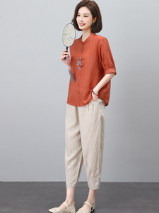 长期有货夏季新款休闲时尚高端苎麻两件套中年妈妈洋气减龄棉麻潮图片