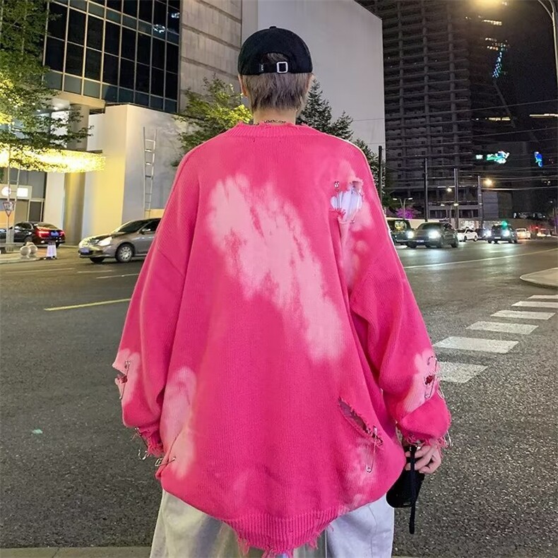 早秋感针织衫粉色扎染别针男女圆领破洞宽松甜辣风毛衣MY127P46,男装针织衫/毛衣,星座1116-2