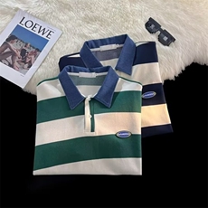 品质短袖t恤男polo衫夏季美式复古高级感潮流拼色粗条纹宽松翻领，男装T恤，星座1013
