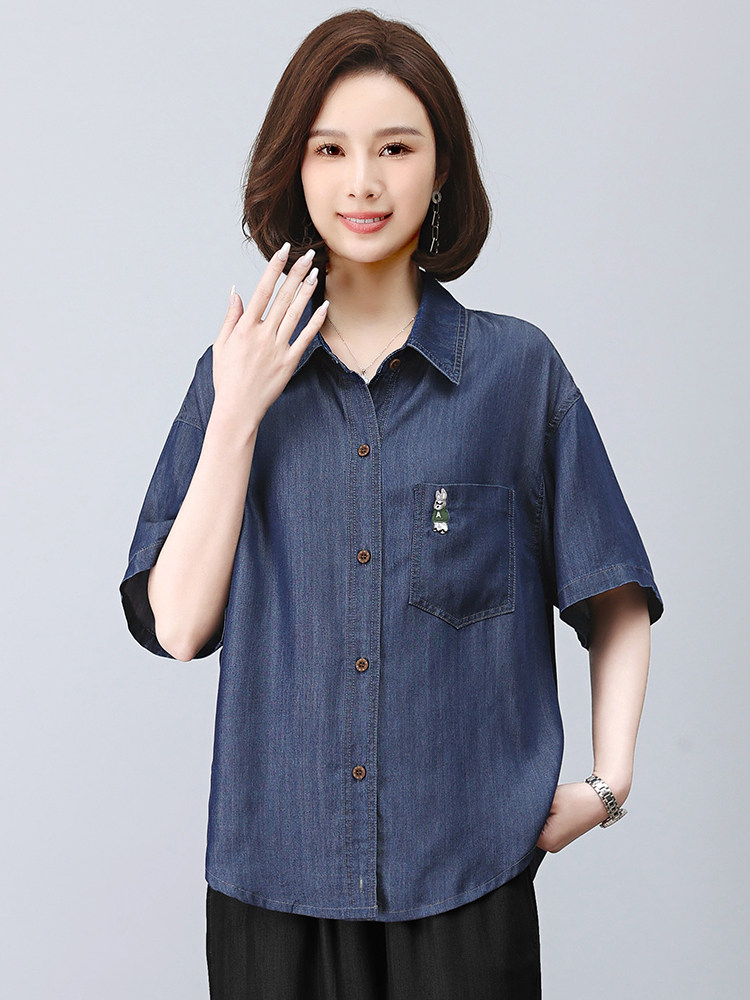 时尚宽松牛仔短袖衬衫女夏季新款百搭显瘦休闲上衣,女装衬衫,悦见她