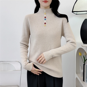 彩色扣半高领针织衫女2025秋冬加绒加厚大码胖mm内搭打底衫上图片