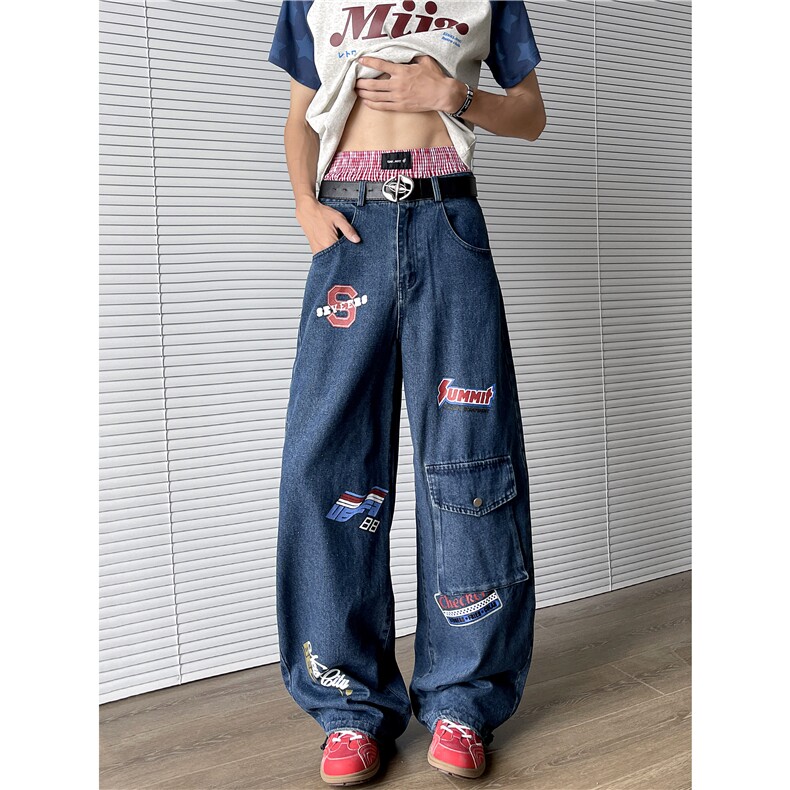潮牌弯刀牛仔裤男女2026春夏季新款宽松美式街头拖阔腿裤N660-P53,男装牛仔裤,星座308B-1