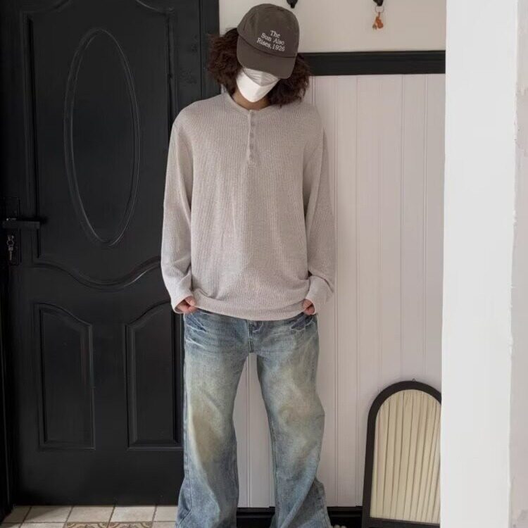 日系复古肌理镂空亨利领长袖T恤男秋冬季纯色宽松打底衫,男装T恤,星座506A