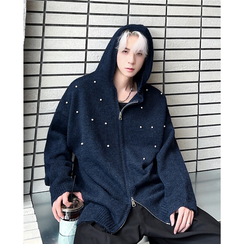 美式不规则珍珠连帽双拉链开衫毛衣宽松外套男女12808-P73,男装针织衫/毛衣,电商C307