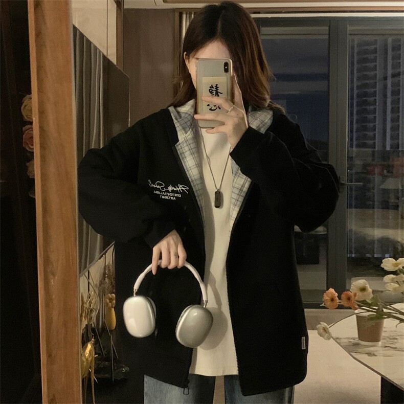 格子拼接连帽卫衣女春秋oversize薄款外套宽松拉链开衫C810-P100,女装短外套,星座911-2(原星座613-2）