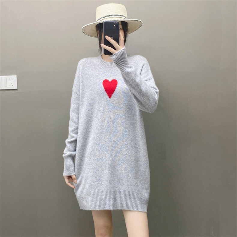 欧货慵懒软糯纯山羊绒衫女中长款毛衣圆领爱心宽松加厚针织连衣裙,女装羊绒衫,织绒羊