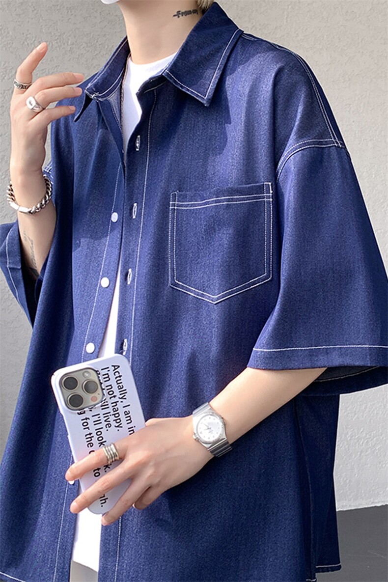 8XL-M冰丝牛仔短袖衬衫男款夏季薄款宽松慵懒衬衣外套DC28006P60,男装T恤,电商B312