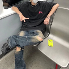 夏季美式复古做旧宽松破洞牛仔裤直筒阔腿拖地长裤男L61188-p45，男装牛仔裤，星座1008