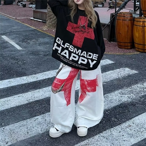 N9009-P53 美式复古大码个性挂钩拼接牛仔休闲裤女辣妹高级感图片