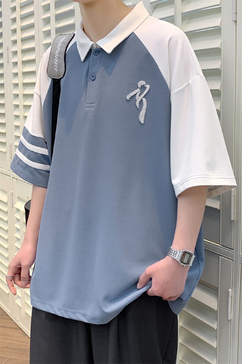 夏上新学生刺绣翻领短袖T恤男女同款撞色拼接半袖625-P35控价58,男装T恤,电商A441-1