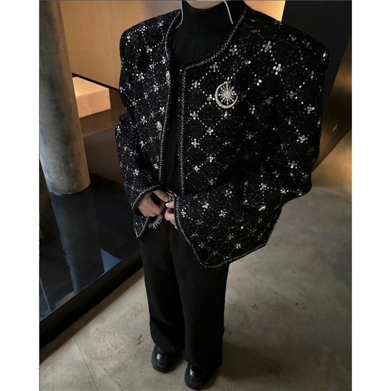 现货25秋冬男士亮片刺绣格纹小香风毛呢外套XXF47-P168,男装毛呢大衣,电商B288