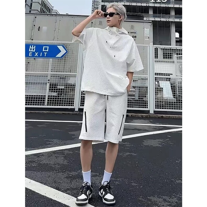 【连帽泡泡纱防晒衣】夏季潮牌短袖百搭宽松T恤套装TZ113-P68,男装防晒衣,星座1213