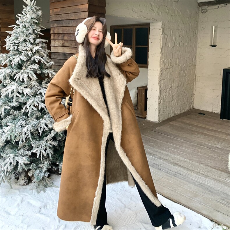超保暖复古美拉德色长款皮毛一体大衣外套190-5080-P285K398,女装毛呢外套,2B190