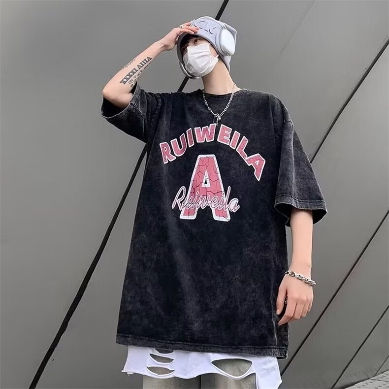 夏季短袖T恤男美式复古圆领半袖宽松潮牌水洗体恤潮流五分袖上衣,男装T恤,星座1013