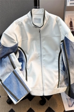 立领垫肩牛仔拼接机车PU皮衣夹克男2025春秋新款小众宽松痞帅外套，男装夹克，星座505-2（原电商A260-1)