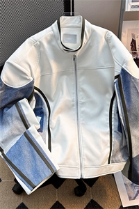 立领垫肩牛仔拼接机车PU皮衣夹克男2025春秋新款小众宽松痞帅外套图片