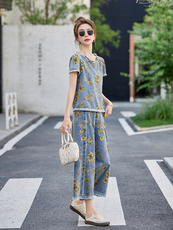 休闲时尚印花牛仔套装女2025超火夏装一整套洋气减龄九分裤两件套，女装套装/套裙，涵墨