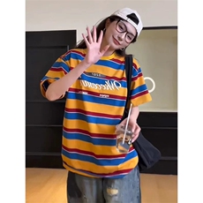 网图有货美式复古彩虹条纹短袖T恤男女宽松慵懒休闲上衣A653-P40，男装T恤，星座1505