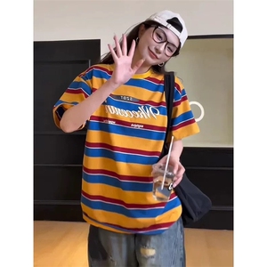 网图有货 美式复古彩虹条纹短袖T恤男女宽松慵懒休闲上衣A653-P40图片