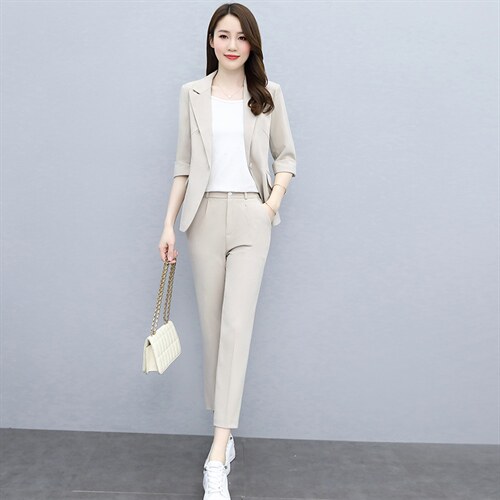 西装套装女2023夏季新款中袖薄款时尚休闲小个子职业西服两件套潮,商品下架区,韩然一族