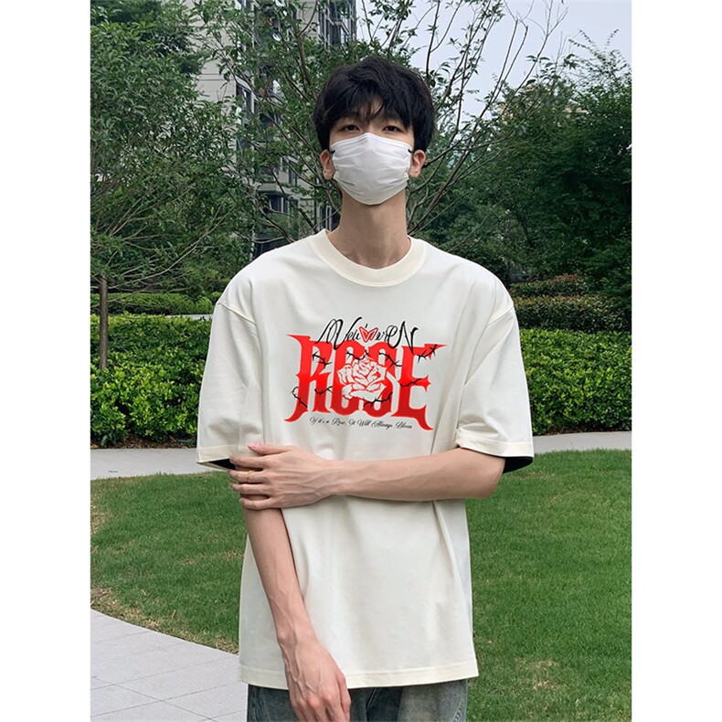 抖音得物供货210克现货宽松纯棉美式潮牌印花落肩袖纯棉T恤AT2190图片
