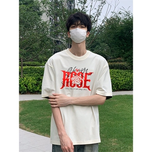 抖音得物供货210克现货宽松纯棉美式潮牌印花落肩袖纯棉T恤AT2190图片