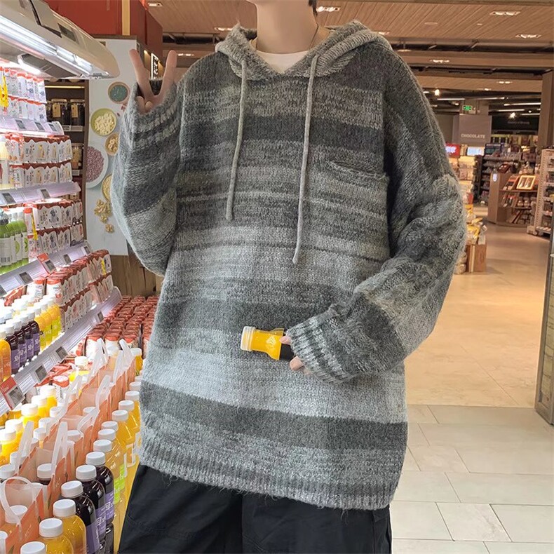 秋冬季拼色毛衣男潮慵懒复古宽松条纹连帽针织INS休闲百搭外套,男装针织衫/毛衣,星座506A