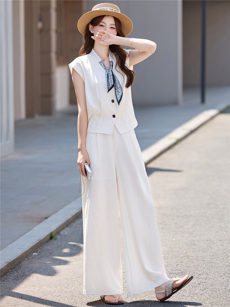 休闲时尚亚麻套装女2026夏季新款韩系减龄无袖上衣阔腿裤两件套潮,女装套装/套裙,意芙