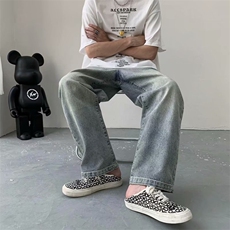 港风ins牛仔裤男潮牌口袋拼接韩版宽松直筒百搭阔腿裤N7076-p40，男装牛仔裤，星座1008-2