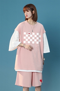 中性风 夏季潮流短袖运动风假两件宽松情侣T恤套装 TZ606 P75控98图片