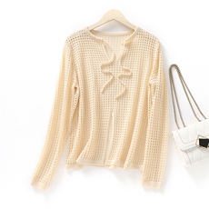 零柬缚感轻盈舒适时尚百搭挑空方块罩衫长袖女款，女装蕾丝衫/雪纺衫，北娇羊绒