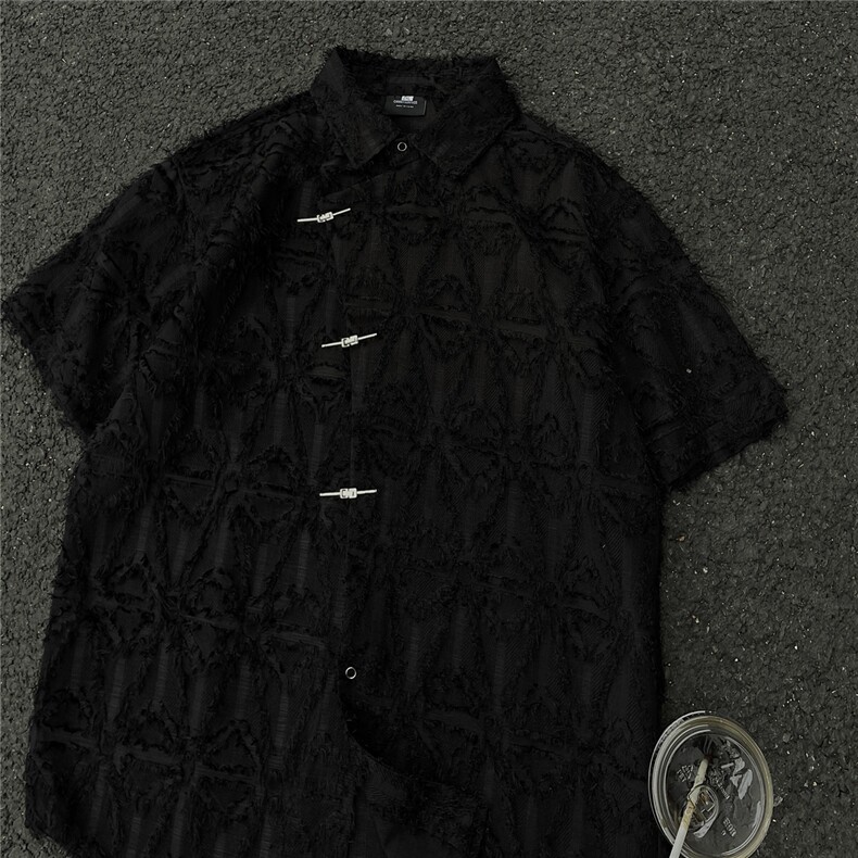 主推新中式风毛边设计感小众五分袖衬衫男情侣上衣D248P48,男装T恤,电商A335-1（原A458）