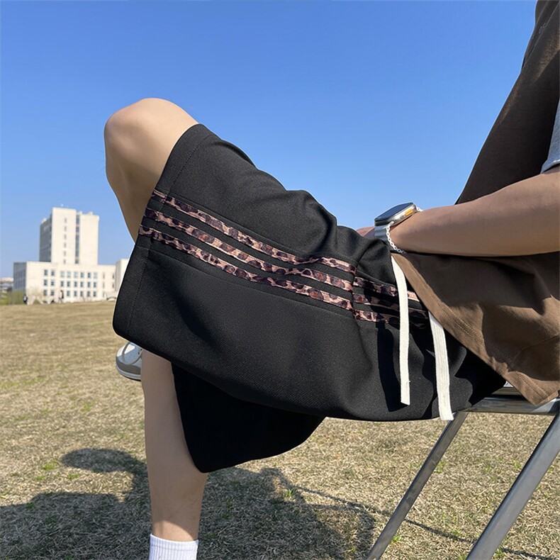 美式三条杠豹纹织带短裤男款夏季潮牌宽松休闲裤cleanfit五分裤子,男装休闲裤,电商A022