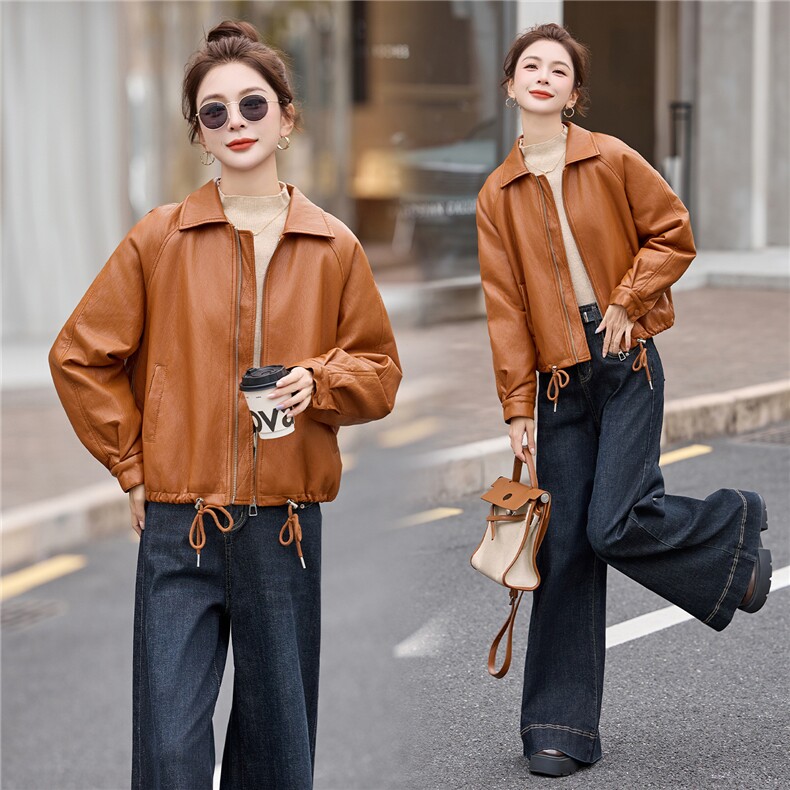 2025新款高级感小个子美拉德咖色翻领短款皮衣外套女秋冬加绒加厚，女装皮衣，跑量工厂店