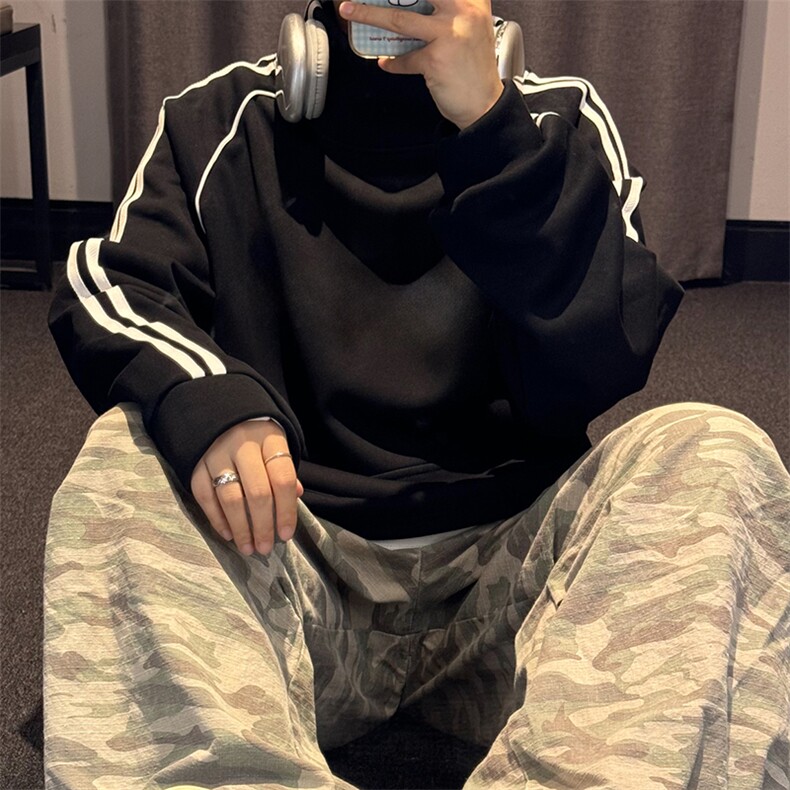 抖音得物高品质二开25秋冬美式高街重磅结构织带高领立领卫衣W66，男装卫衣，电商A486-1