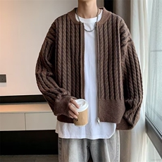 新款鹿毛绒圆领毛衣男士潮流宽松短款针织开衫外套休闲拉链毛线衣，男装针织衫/毛衣，星座1013