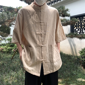 现货 新中式亚麻短袖风棉麻中华立领盘扣衬衣MT8515-P38 控58图片